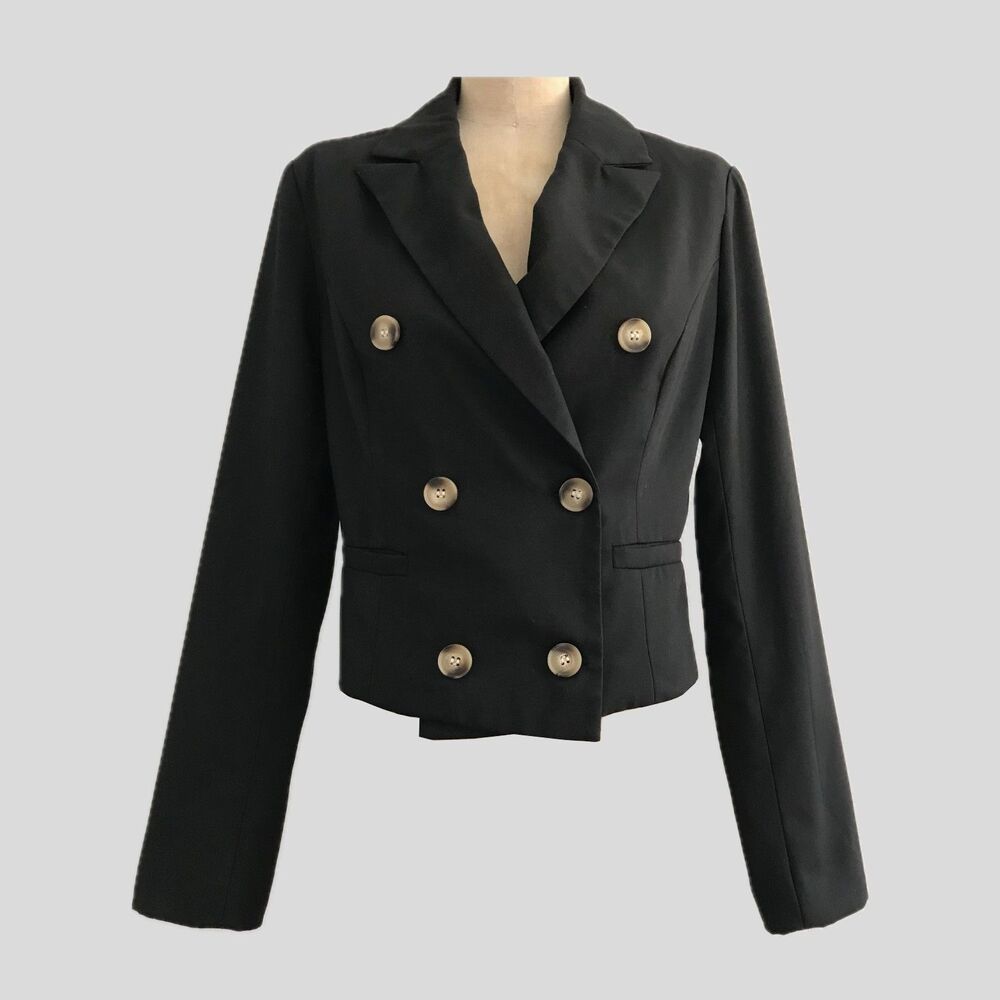 Allegra K Black Double Breasted Cropped Blazer Jacket Womens Size XS/S
